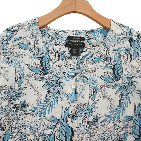 Tahari Linen Tunic Womens 1X White Blue Roll Tab Sleeve Button Up Bird Graphic - Picture 3 of 11